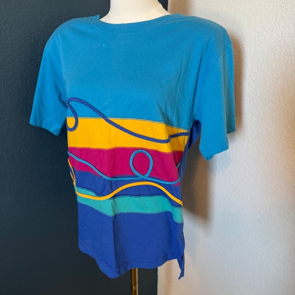 Bold Spirit Tops - Vintage 80s Kidcore Colorblock Bold Spirit T-Shirt Small Blue Yellow Pink